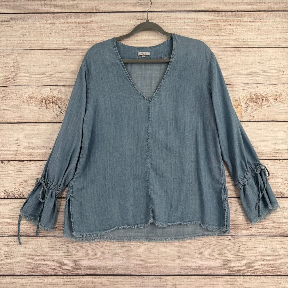 Rails Chambray Rough Hem Cinch Wrist Blouse Womens Medium Blue‎